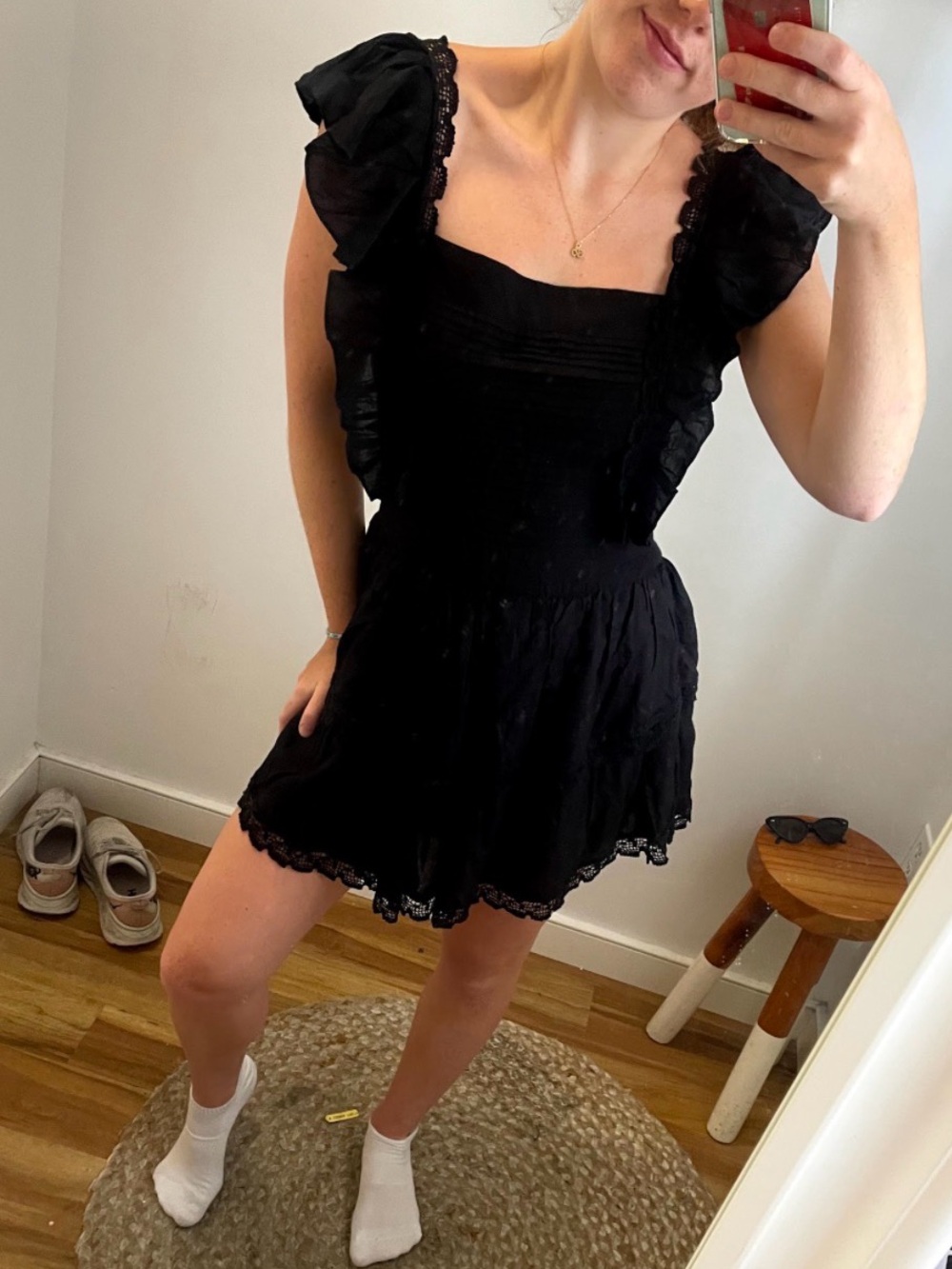 Black Lace-Trim Square Neck Mini Dress
